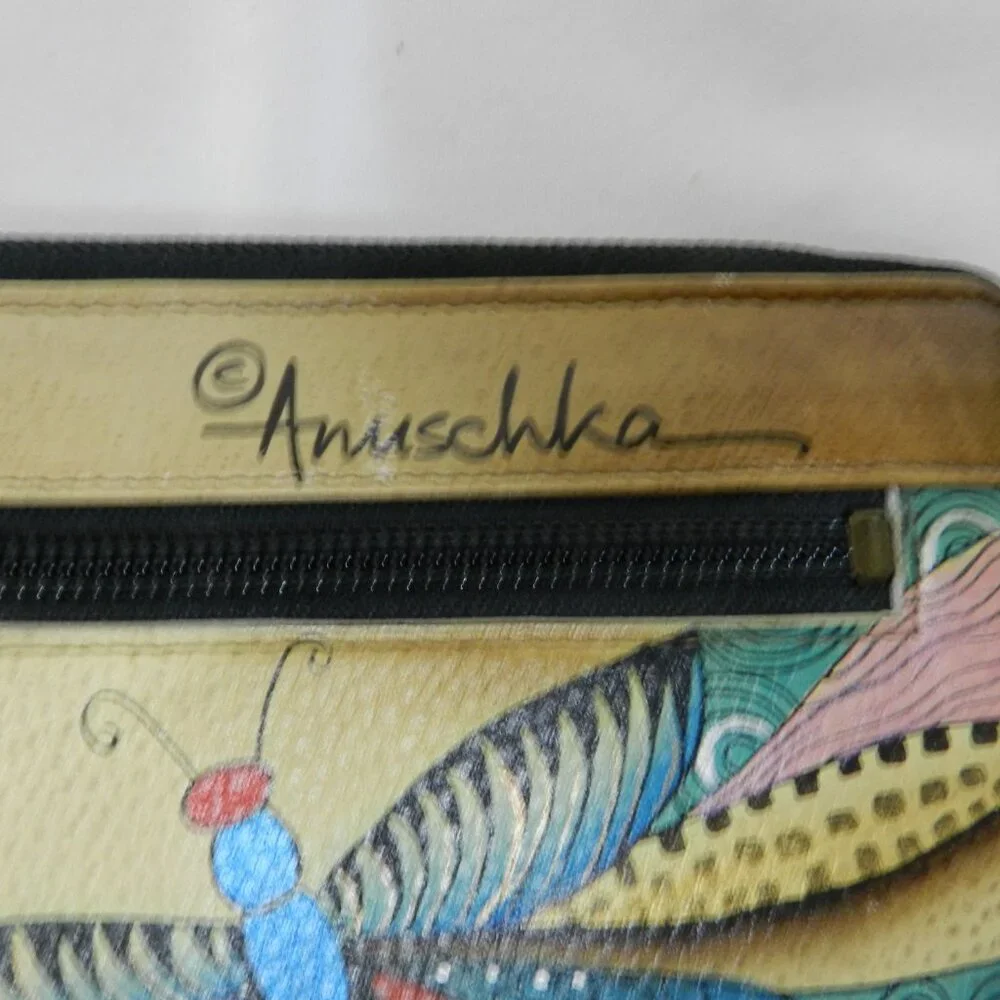 Anuschka Leather Butterfly clutch Zip around Hand painted wallet 8.5